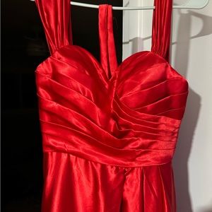 Full length red prom dress. Silky and beautiful. Corset vibes on top of dress
